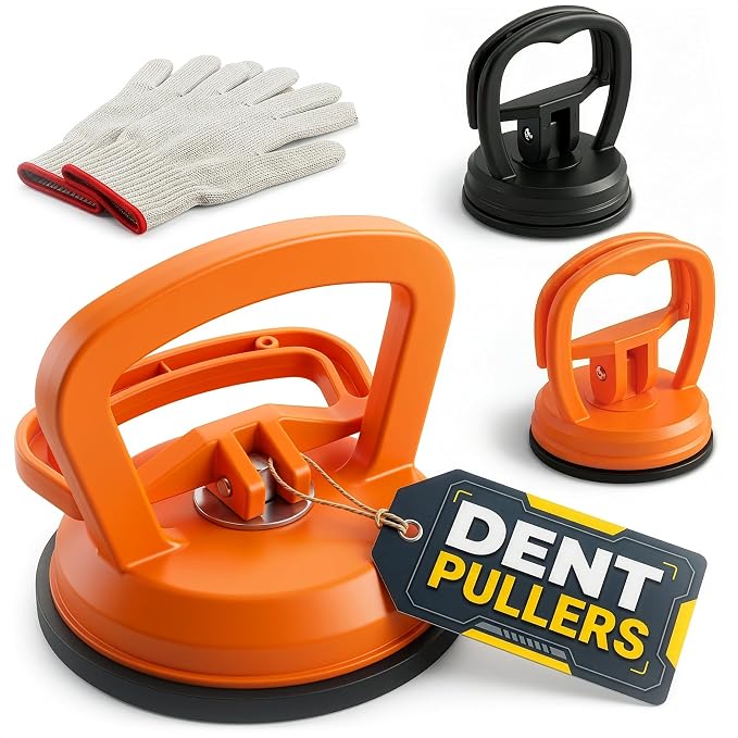 Car Dent Puller, 3 Pcs, One Large 4.6" and Two Small 2.2", Gloves | Rubber Suction Cup Dent Puller for Cars; Pulling Power up to 172 lbs; Comfortable Grip; Works with Glass and Ceramics