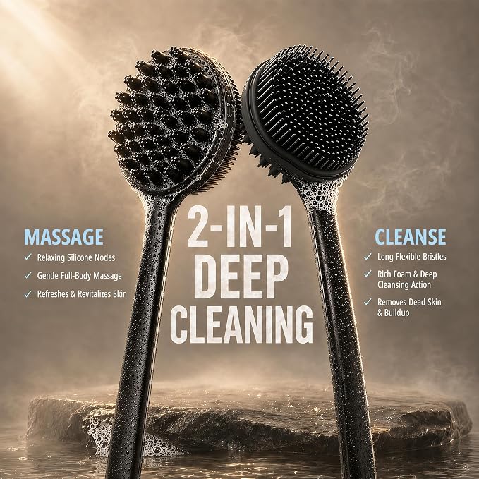 Silicone Back Scrubber for Shower, 17" Lengthen Long Handle Body Brush, Double Sided Shower Brush for Shower Exfoliating and Massage, Can Produce Rich Foam, Non Slip Grip Back Scrubber for Men