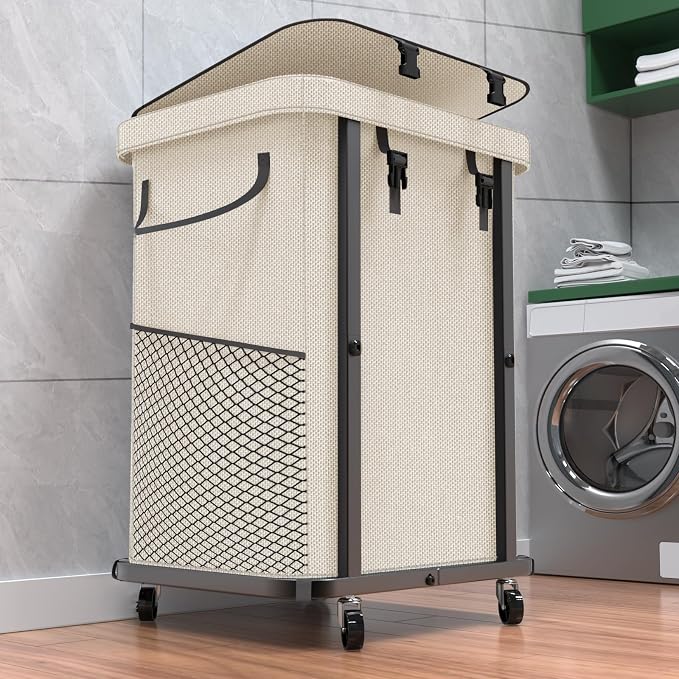 Laundry Basket with Lid, 150L Rolling Laundry Hamper with Wheels White | Dirty Clothes Hamper with Metal Frame and Removable Bag Design,Large Rolling Hampers for Laundry Room, Bedroom,Dorm
