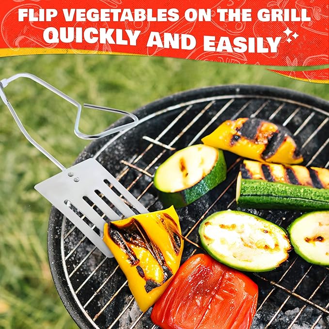14.3" BBQ Spatula Tongs for Cooking - 2 in 1 One Hand Flip & Grip Stainless Steel Long Grill Tongs for Outdoor Grill, Ergonomic BBQ Turner - Multifunctional Grilling Spatula for Easter Outdoor Cooking