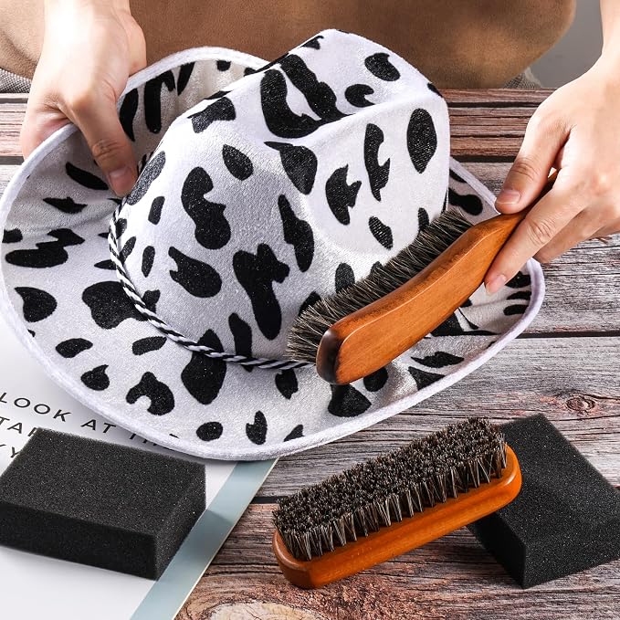4 Pcs Horsehair Felt Hat Brush Kit with Cleaning Sponge Cowboy Clean Hat Wood Fedora Hat Cleaning Set Baseball Cap Lint Brush Remove Dust for Hair Furniture Suits Clothes(Style A)