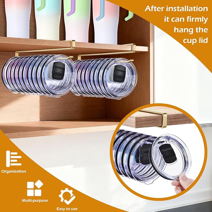 2Pack Tumbler Lid Organizer, Kitchen Space-Saving Cup Holder, Organizers for Under Cabinet Storage, No Glue or Drilling Required (Golden)