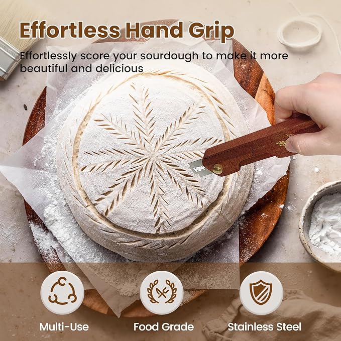 Wooden Bread Lame Dough Scoring Tool, Handcrafted Bread Scoring Tool for Sourdough Bread Baking, Upgraded Sourdough Scoring Tool With Screw Lock & 10 Razor Blades(Reddish Brown)