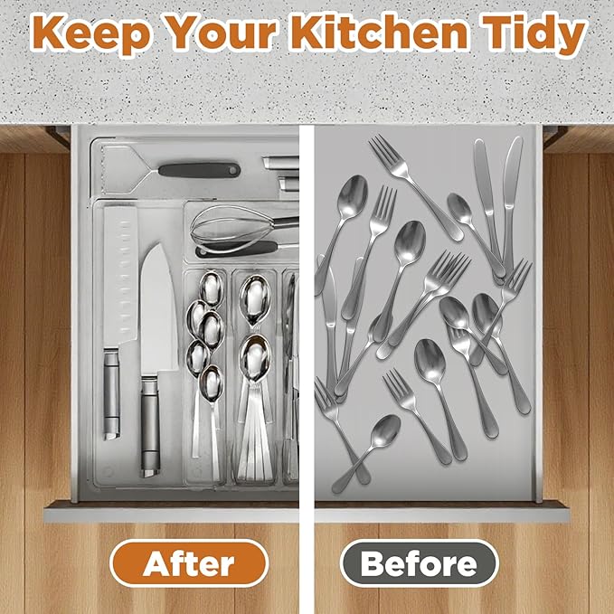 Expandable Utensil Drawer Organizer, Clear Plastic Silverware Tray for Drawers 9 Compartments Adjustable Non-Slip Drawer Storage Organizer for Tableware Knives Forks Spoons Tools Stationery