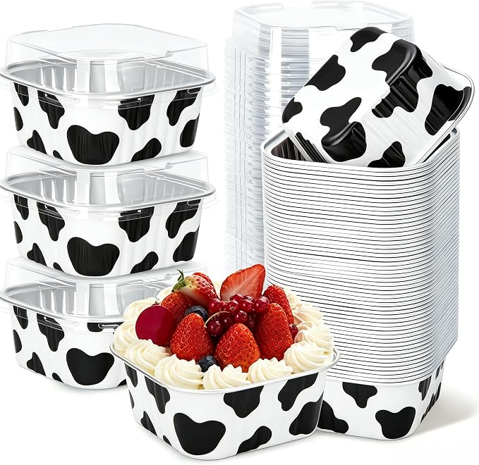 30Pack 5oz Cow Mini Cake Pans with Lids Baking Cups Aluminum Foil Pans Tins, Individual Dessert Cups Containers for Sales,Party,Picnics