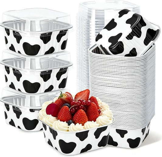 30Pack 5oz Cow Mini Cake Pans with Lids Baking Cups Aluminum Foil Pans Tins, Individual Dessert Cups Containers for Sales,Party,Picnics