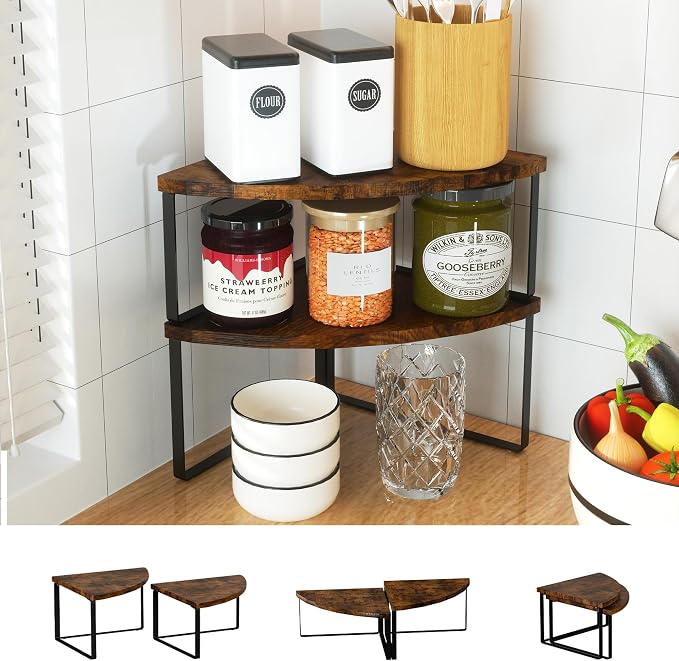 Golener Kitchen Corner Shelf, Corner Spice Rack, Counter Shelf, Stackable | Kitchen Counter Organizer, Plate Organizer for Cabinet, 2-Tier Corner Countertop Shelf, Corner Desk Shelf, Rustic Brown
