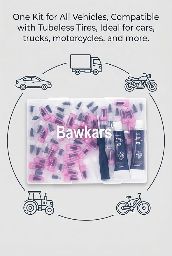 63 PCS Tire Repair Rubber Nails Kit with 2 Tubes of Black Tire Sealant Glue, Screw in Tire Plugs Set for Cars Motorcycles Trucks