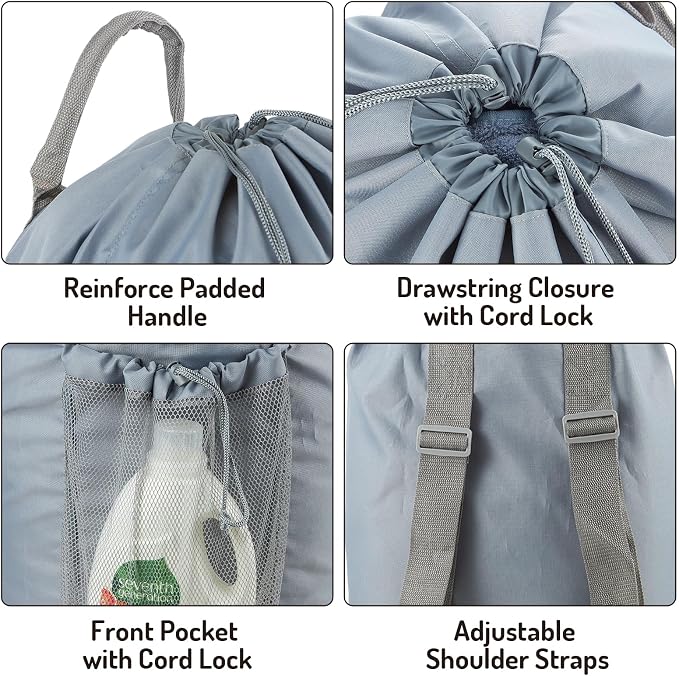 Seiritex Backpack Laundry Bag, Large Laundry Backpack with Detergent Holder and Adjustable Shoulder Straps for College Travel Dorm Room (Gray)