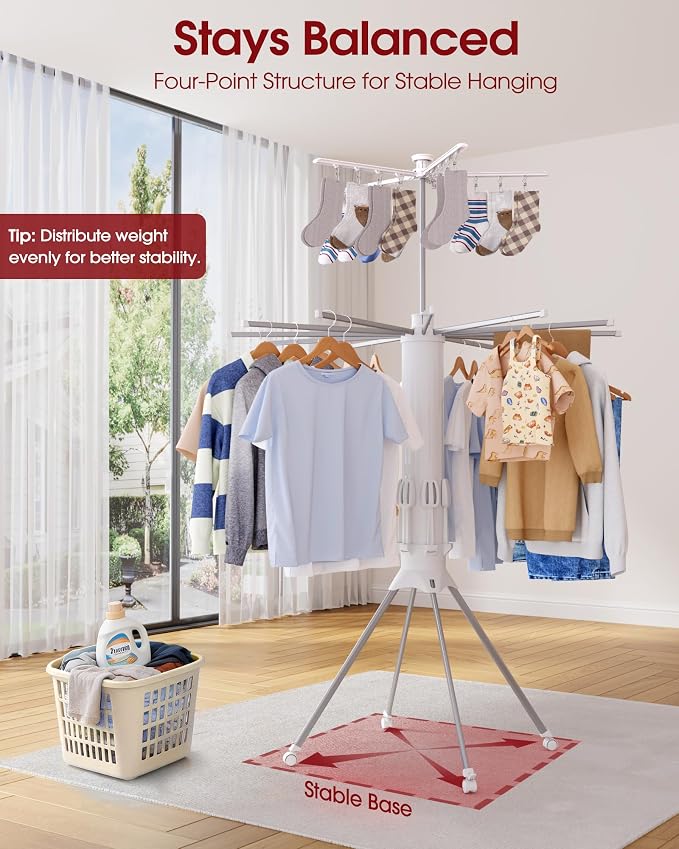 Sakugi Foldable Clothes Drying Rack with 12 Steel Arms, Clips & Shoe Holder | Laundry Room, Bedroom, Outdoor & Indoor Use, Collapsible, Reinforced Frame, 4 Leg Stable Base, White, 44"D x 44"W x 71"H