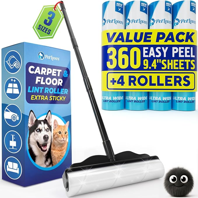 PetLovers Large Lint Roller with 3 Refills – 360 Total Sheets for Tackling Pet Hair, Extra Large Floor and Carpet Roller for Homes with Pets, Perfect for Floors, Furniture, and Loving Pet Owners