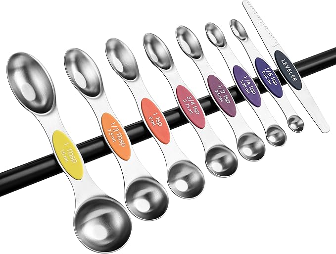 Spring Chef Stainless Steel Magnetic Measuring Spoons Set of 8 with Leveler, Nesting Teaspoon & Tablespoon Measuring Spoons, Kitchen Gadgets for Baking & Cooking, Fits in Spice Jars - Mountain Sunrise