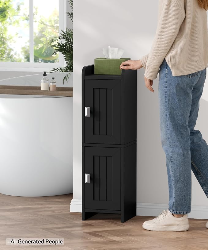 Akxomel Small Bathroom Cabinet Narrow Toilet Paper Organizer Black | 7.9''D x 7.9''W Bathroom Organizer and Storage Cabinet for Small Space, Slim Corner Unit with Adjustable Shelf