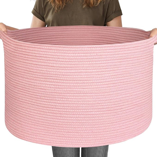 MEGASKET 115L Oversized Pink Basket, 23.6"x15.7" Woven Cotton Rope Bin with Handles, XXXL Blanket Storage for Living Room, Kids Toy Storage Bin Box, Baby Laundry Basket for Organizing, Pink Room Decor