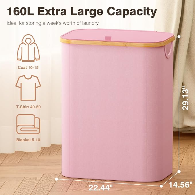 Hampers for Laundry Basket with Lid, 160L Large Laundry Hamper 3 Section | Dirty Clothes Hamper Separator with 3 Removable Bags & 5 Labels, Divided Laundry Organizer for Bedroom, Laundry Room, Pink