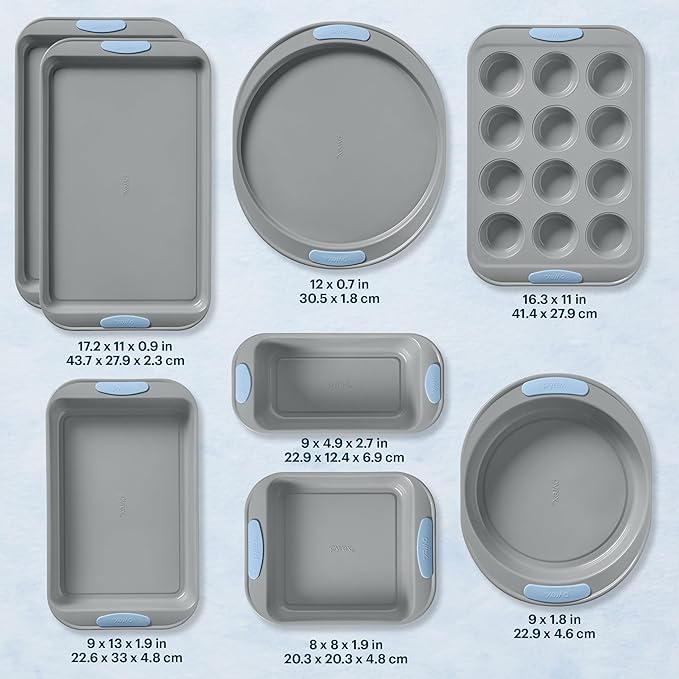Pyrex 8-Piece Metal Bakeware Set, Lightweight Stainless Steel Baking Trays with Heatsafe Silicone Handles, Cookie & Muffin Sheets, Round/Square Baking Pans, Cerulean