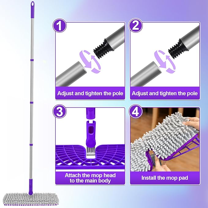 2-Sided Microfiber Flat Mop for Hardwood Floors & Walls Cleaning | Flip Dust Broom, Wet Dry Use, 3 Chenille & Microfiber Pads, 58" Handle, 360° Swivel, Sweep Pet Hair, Tile, Laminate, Kitchen