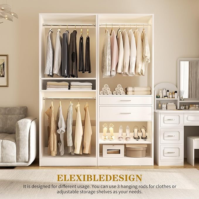 Unikito Closet System Set of 2, 4FT Closet Systems with 2 Wood Drawers, 50" Closet Organizer System with 3 Hanging Rods & 2 Shelves, Heavy Duty 50 Inch Walk-in Closet , White (50" L x 16" W x 80" H)