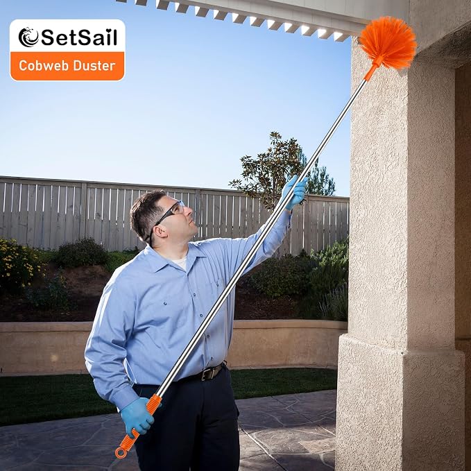SetSail Cobweb Duster with Extension Pole, for Cobweb Cleaning, Orange | Retractable, 90-inch Long Handle, Spider Web Brush, for Outdoor Indoor High Ceilings Fan