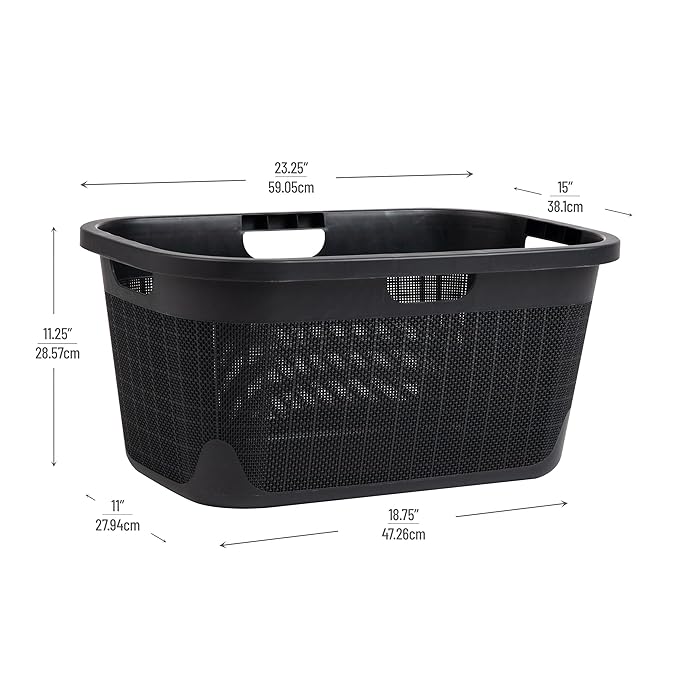 Mind Reader 40L Laundry Basket, Linen Design Clothes Hamper, Plastic Storage Bin with Handles, Black