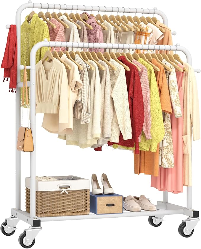 Laiensia Double Rods Garment Rack with Wheels, Clothing Rack for Hanging Clothes,4 Hooks, Multi-functional Bedroom Clothes Rack, White