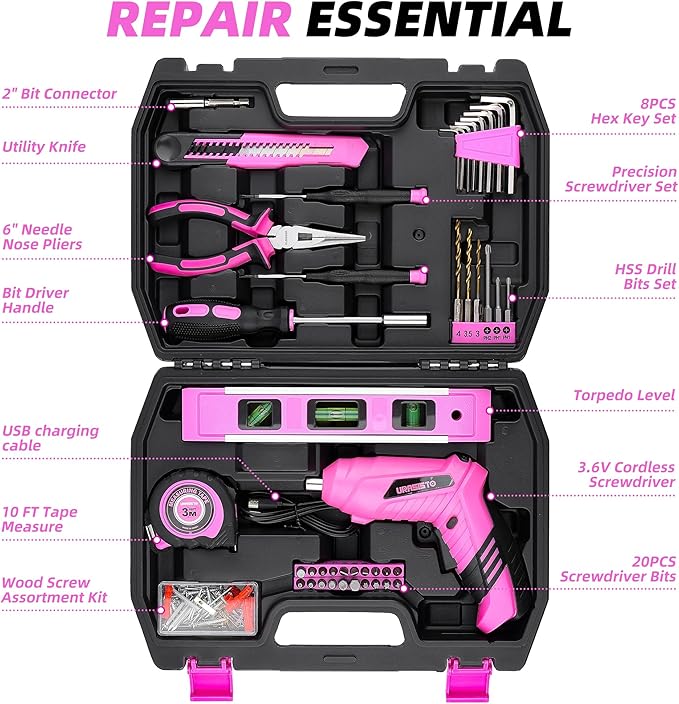 URASISTO 123 Piece Pink Household Tool Set with 3.6V USB Electric Screwdriver, Home Tool Kit with Cordless Lithium-ion Drill Driver, HandTool Kits for Women
