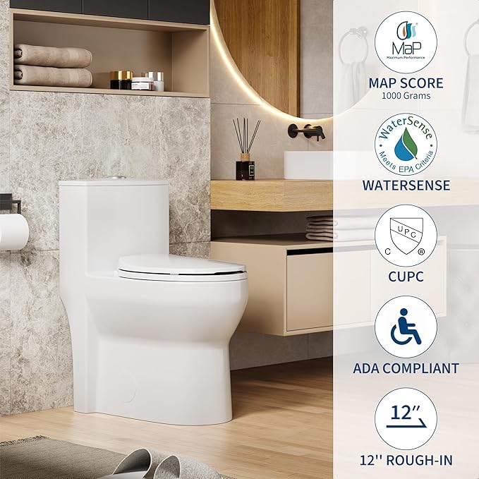 One-Piece Round Toilet, 17.5" ADA Comfort Height with 0.8/1.28L GPF Dual Flush, 12" Rough-In High Bowl, Powerful Water-Saving Design in White for Seniors