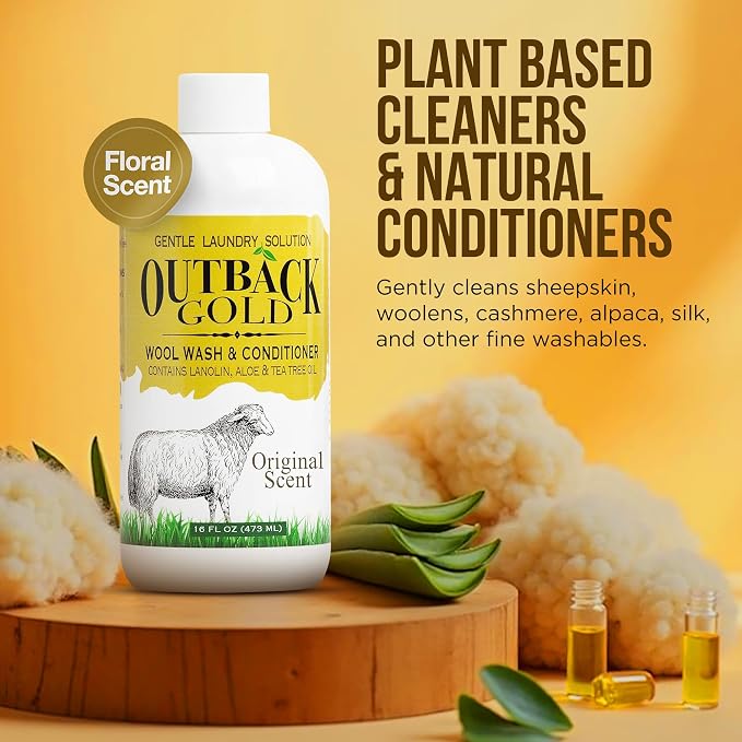 Outback Gold Wool Wash 16 oz, Original Scent, pH Neutral, Made in USA | Plant-based, pH-neutral wash for wool, cashmere, silk, sheepskin & baby items. Original floral scent, HE compatible.