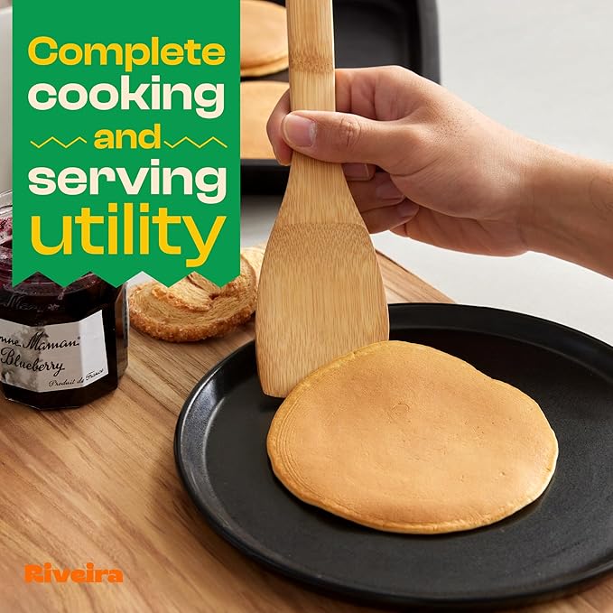 Riveira Bamboo Cooking Spoons 6-Piece – Wooden Cooking Utensils Set with Wooden Spoons for Cooking & Spatulas Wooden Utensil Sets – Premium Kitchen Utensils Set – Durable First Apartment Essentials
