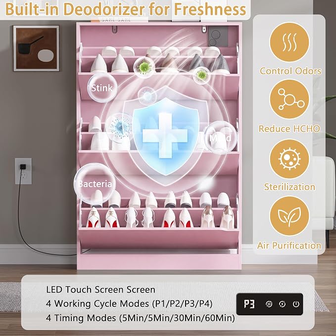 BORNOON Shoe Cabinet with Odor Control and Back Panels, Deodorizing Slim 3-Flip Shoe Storage Cabinet for Entryway, Freestanding Hidden Shoe Rack Organizer for Entrance, Hallway, Bedroom