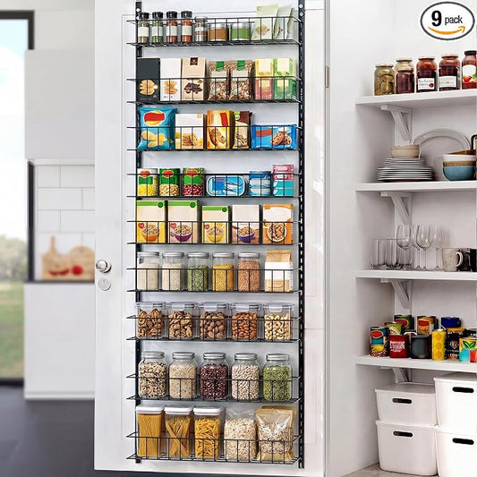 ElegantArray 9-Tier Pantry Door Organizer, Black | Over The Door Pantry Organizer Rack and Storage, Hanging Spice Rack Shelves Door, Home Office Laundry Room Bathroom & Kitchen