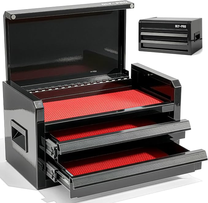 Mini Toolbox with 2 Drawers and Top Storage, Durable Tool Box Steel Construction with Ball-Bearing Slides, Multi-Purpose Portable Tool Boxes Case Organizer for Garage, Black