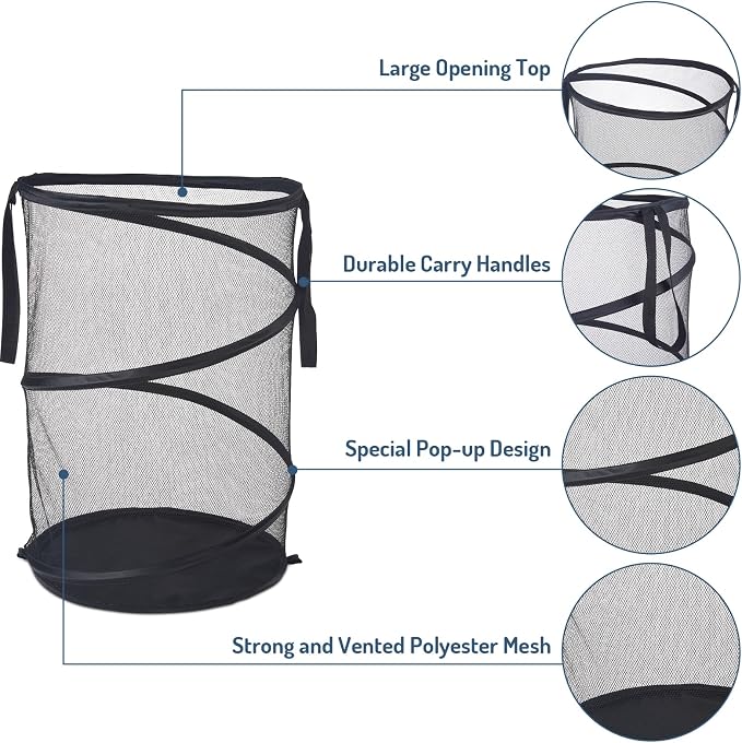 Seiritex Mesh Popup Laundry Hamper 115L Foldable Laundry Basket Extra Large Capacity Collapsible Clothing Storage Basket with Handles 26 H x 18 W x 18 L (Black)