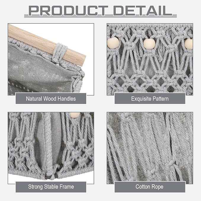 Vesici 4 Pcs Grey Macrame Storage Basket for Shelves 13 in 11 in Boho Storage Basket Hand Woven Boxes with Wood Handles Beads Decorative Countertop Toilet Tank Cabinet Organizer for Home Room Decor