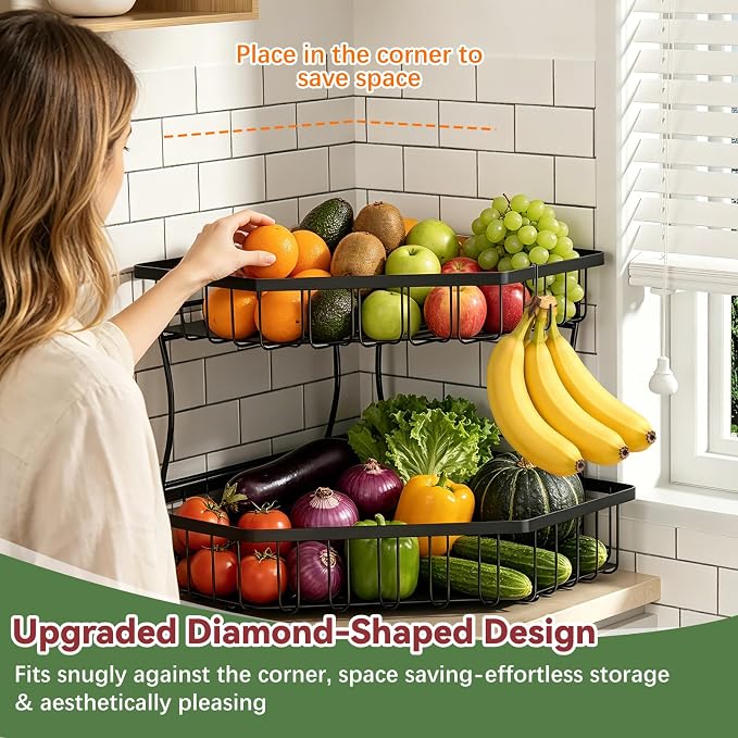 2 Tier Extra Large Fruit Basket for Kitchen Counter - Detachable Metal Fruit Bowl with 2 Banana Hangers for Corner, Large Capacity Fruit Stand with Wooden Handle - Black