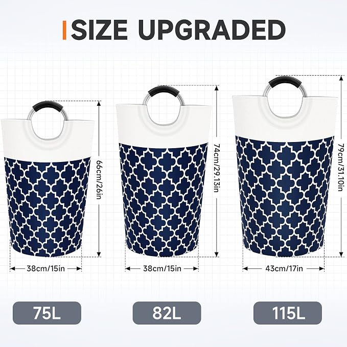 Large Laundry Basket 82L Tall Collapsible Hamper with Handles for Dorm Blue | Freestanding Laundry Hamper, Waterproof Dirty Clothes Storage Bag for College, Bathroom, Foldable Washing Bin for Travel