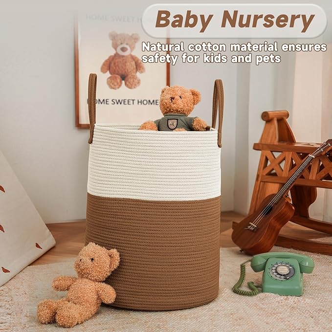 JMvicyroam Large Woven Laundry Basket Hamper,100L Cotton Rope Storage Bin for Blankets,Toys and Clothes,Decorative Tall Nursery Hamper for Living Room,Baby Nursery,Bathroom and Bedroom,White and Brown