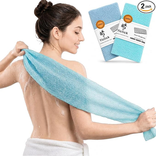 Yiclick 2PCS Exfoliating Washcloth Towel - Exfoliating Body Scrubber Exfoliator, Loofah Sponge Wash Cloth, Korean & Japanse & African Net Sponge Rag - Back Scrubber Washer (Lake Blue+Blue)