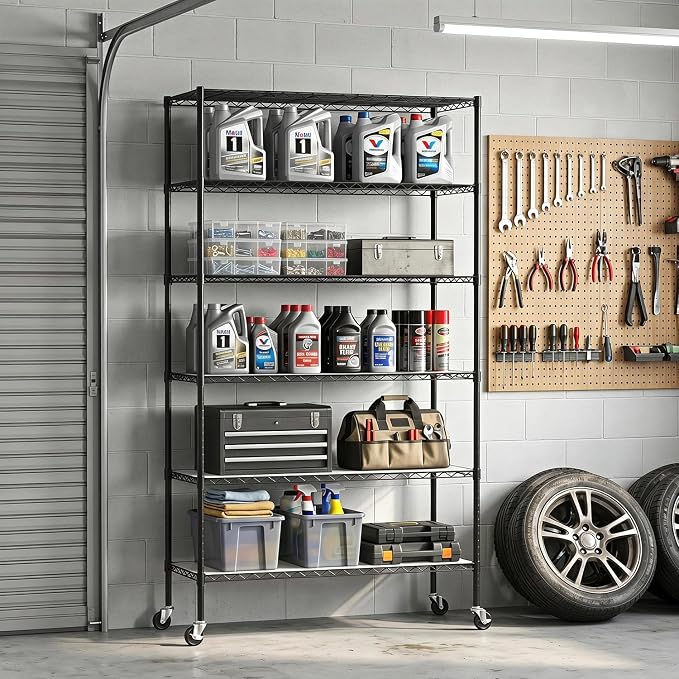 BestOffice | 6-Tier Wire Storage Shelves with PP Shim | 18x45x82 | Black | Wheels | Adjustable Racks | Heavy-Duty Metal Shelf, Holds Upto 2100 lbs | No-Tool Assembly | Ideal for Home & Garage Shelving
