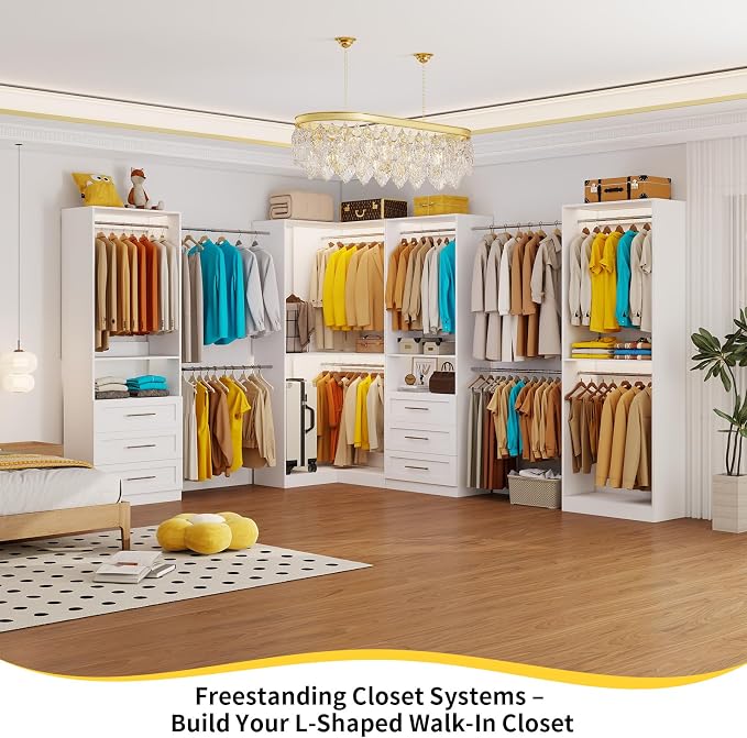 Closet System with 6 Drawers, Corner Closet Organizer System with 10 Hanging Rods Heavy Duty Walk in Wooden Modular Closet Storage System L-Shaped U -Shaped Freestanding 4 Sets 2500+ Lbs White