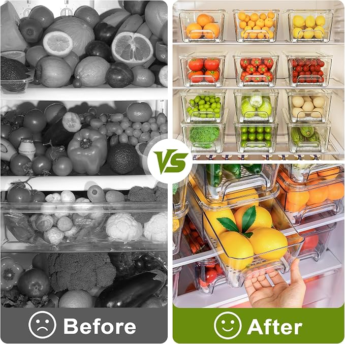 Imncya Fridge Organizer Bins, Clear Stackable Pull Out Fridge Drawer Organizer, Refrigerator Organizers and Storage Container for Fruits, Vegetables, Drinks, Food ( 2 Pack Clear)