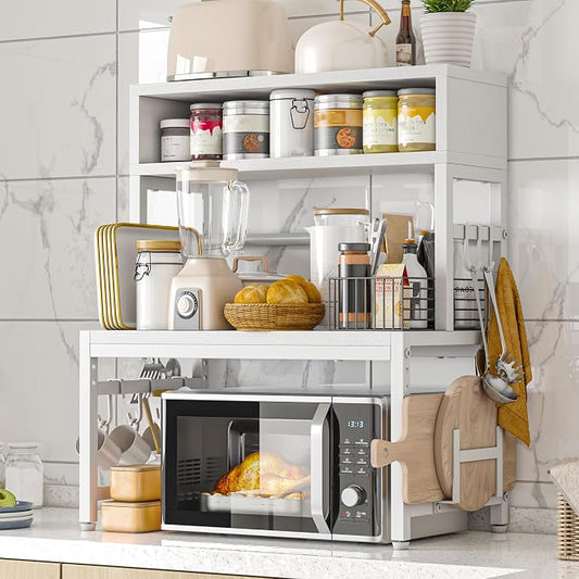 EnHomee 4-Tier Microwave Stand for Kitchen Storage, White | 205 lb Capacity, Adjustable Kitchen Shelves with 9 Hooks & Cutting Board Rack