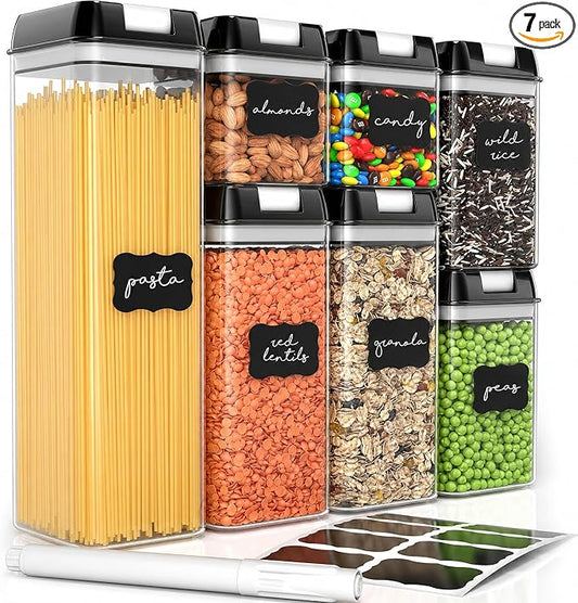 Simply Gourmet Airtight Food Storage Containers with Lids – 7 Piece Assorted Size Kitchen Pantry Organization Set, BPA-Free Clear Plastic, Stackable Containers for Cereal, Flour, Sugar, Rice, Snacks