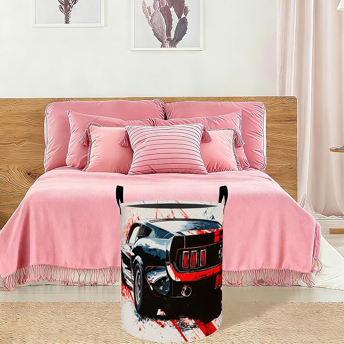 Muscle Car Laundry Basket Hamper 19.7"x15.8", Organizer Bins Gifts for Kids Boys Girls, Classic Sports Car Foldable Waterproof Oxford Clothes Storage Bucket for Bedroom Bathroom Decor