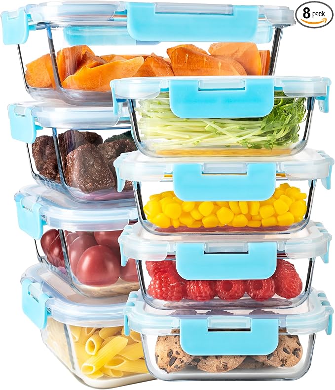 16PCS (8 Bowls + 8 Lids) High Borosilicate Glass Meal Prep Containers, Food Storage Containers with Airtight Lids, Glass Lunch Bento Boxes,Dishwasher Safe, blue