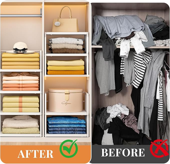 Expandable Closet Organizers and Storage, 2 Pack Stackable Closet Shelves | Metal Expandable Clothes Sweater Shelf Organizer for Closet