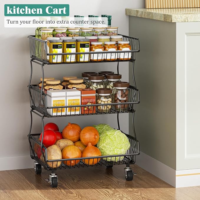Giwil 3-Tier Rolling Pantry Organizers Fruit Vegetable Storage Basket Cart | 23.62"H under pantry shelf, metal frame, extra standing feet, kitchen produce wire basket for snack fruit onion potato, black