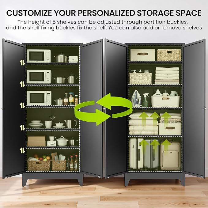 AQY 75" Pantry Cabinet, Black Freestanding Storage Cabinet with 5 Adjustable Shelves, Metal Pantry Cupboard with Ventilation Design & Hanging Hooks, 2-Door Kitchen Organizer for Living Room Kitchen