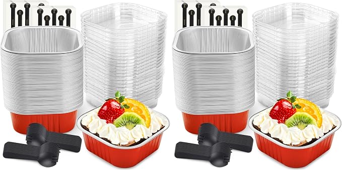 NPLUX 50 Pcs Mini Square Baking Cups with Lids and Spoons Aluminum Foil Mini Cake Pans with Lids Disposable Ramekins Cake Pans Dessert Cups for Wedding Birthday Party(Red,10oz) (Pack of 2)
