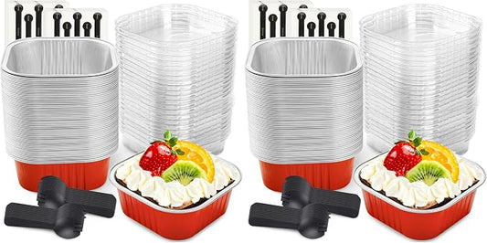 NPLUX 50 Pcs Mini Square Baking Cups with Lids and Spoons Aluminum Foil Mini Cake Pans with Lids Disposable Ramekins Cake Pans Dessert Cups for Wedding Birthday Party(Red,10oz) (Pack of 2)